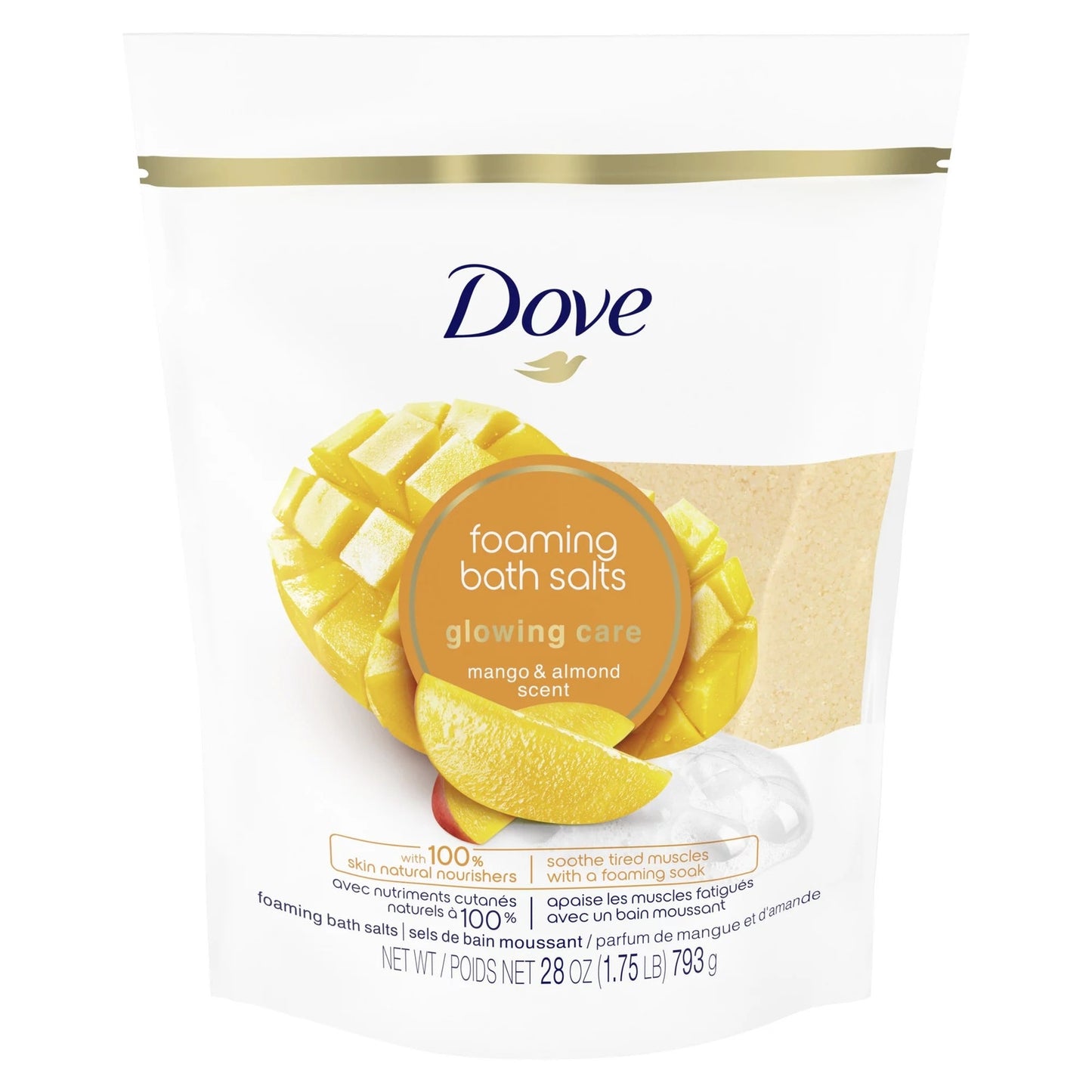 Dove Glowing Care Foaming Bath Salts Mango and Almond, 28 Oz.