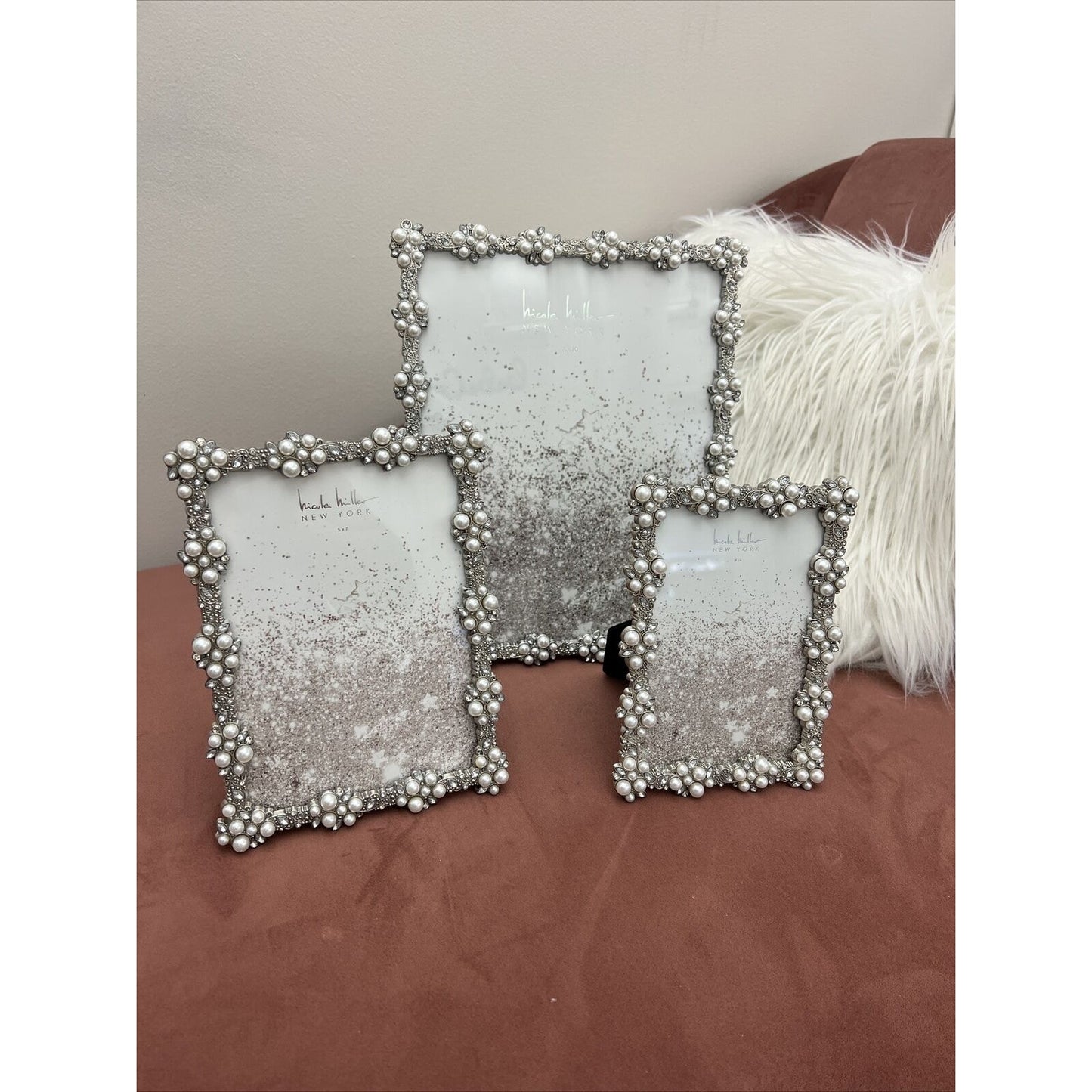 Nicole Miller Silver Embellished Photo Picture Frame Set(3) - Rhinestone & Pearl